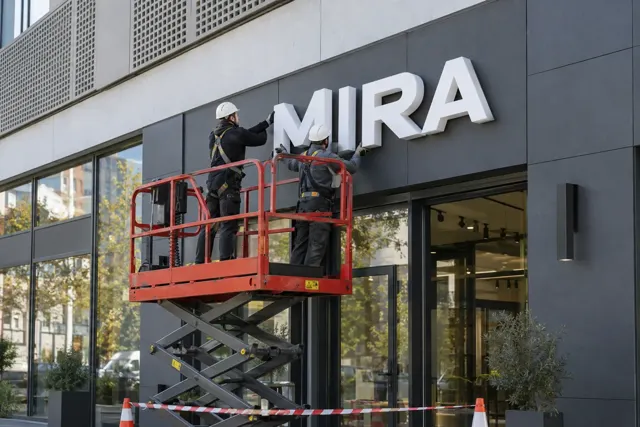 Монтаж букв с подъёмника
